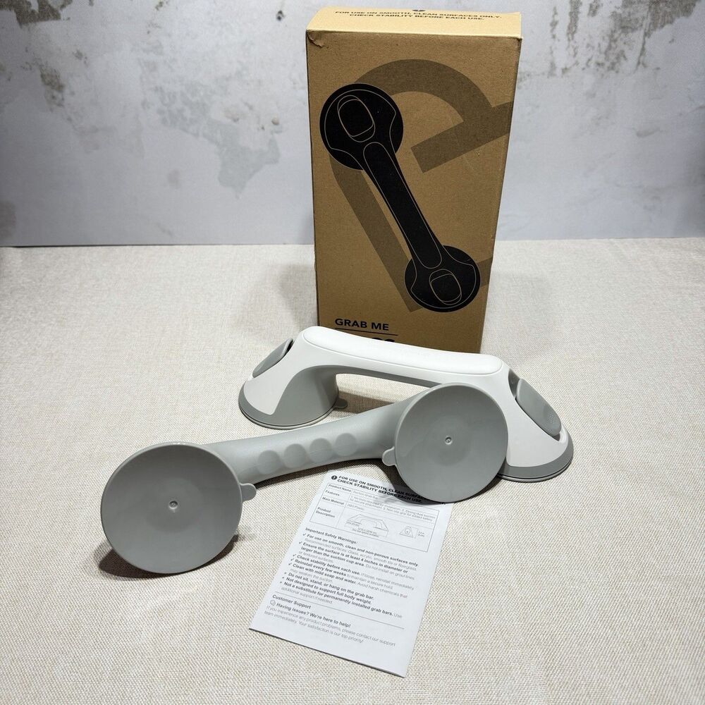 2 Pack 12” Suction Shower Grab Bars Bathroom Safety Handles White Gray No Drill